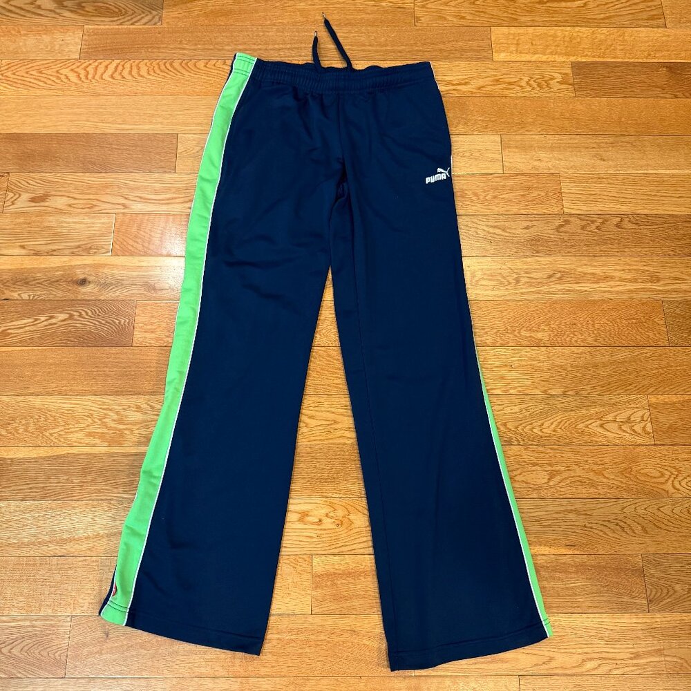 Puma Navy Blue Neon Green Track Pants Womens Casual Athletic Joggers Medium